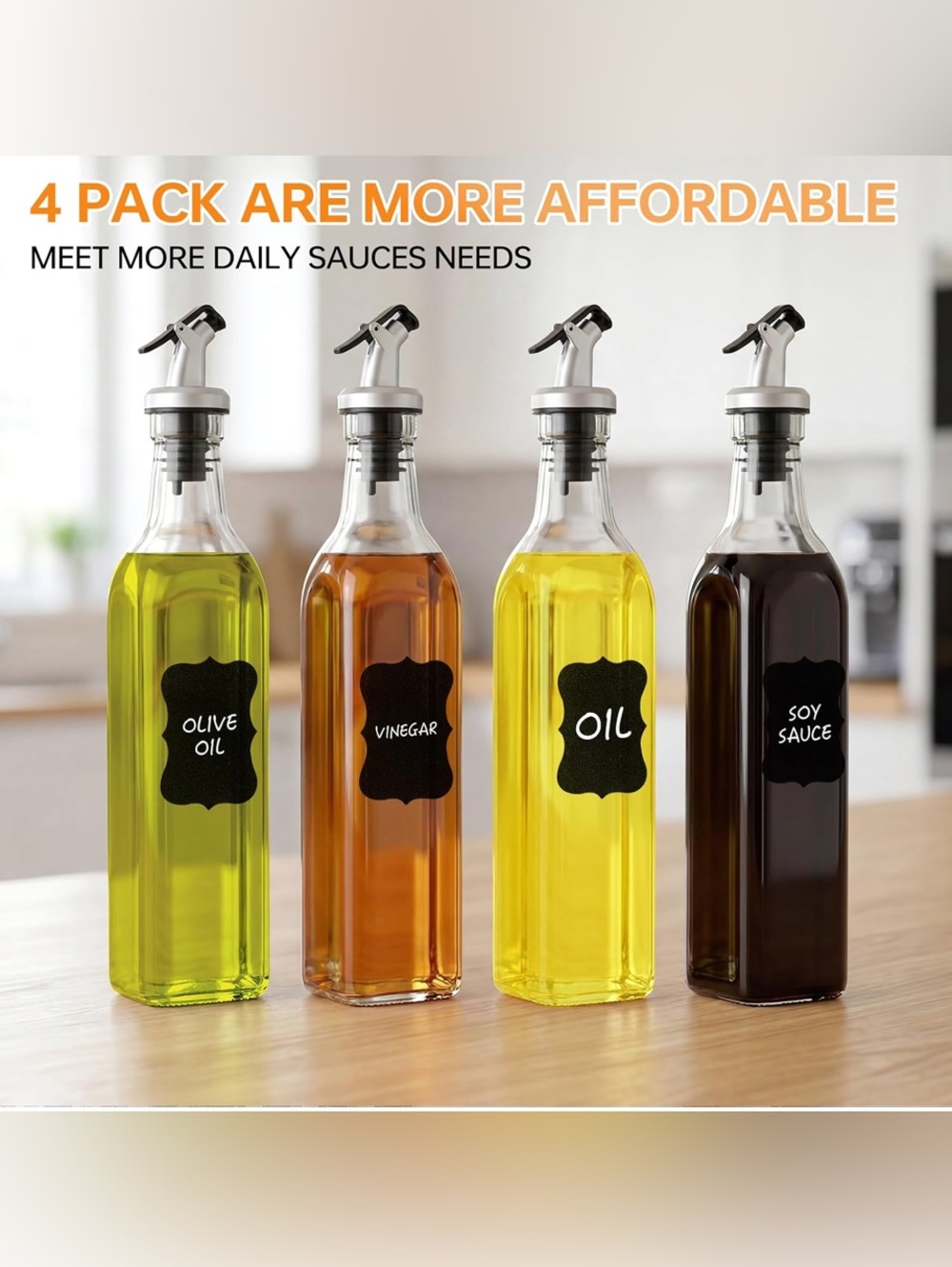 Glass Oil & Vinegar Pourer Bottles Set of 4 - Clear